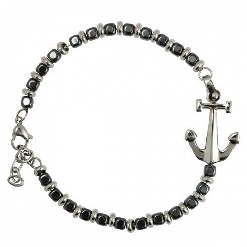 Stainless Steel and Charcoal Beads Bracelet with Anchor Charm - Men of Zen
