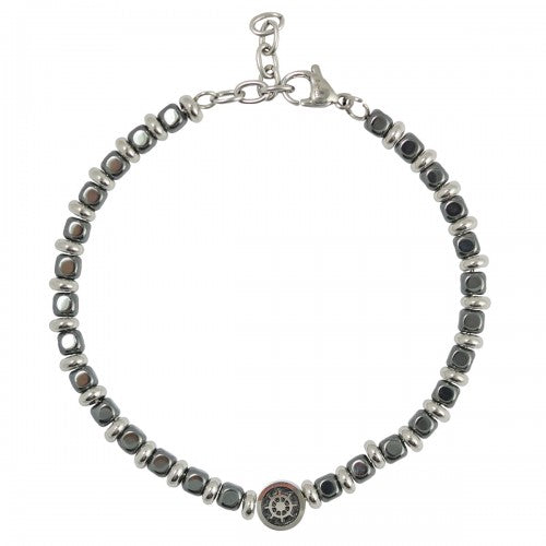 Stainless Steel Grey Beads Bracelet with Nautical Wheel Charm - Men of Zen