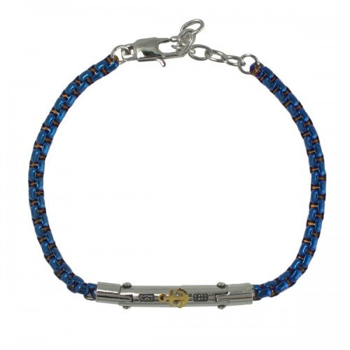 Stainless Steel Blue Rolo Link Bracelet with Steel Bar and Gold PVD Anchor - Men of Zen